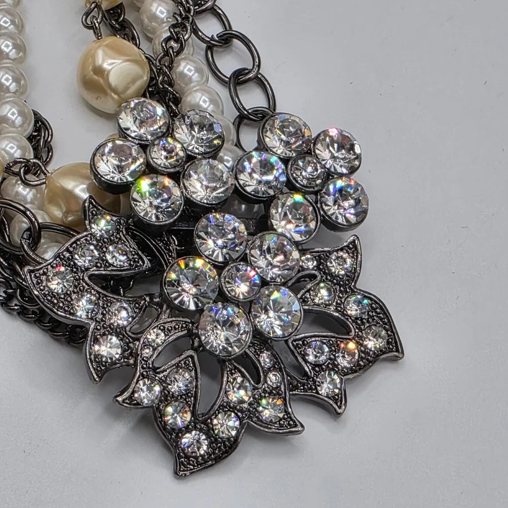 Express Gunmetal Faux Pearl Rhinestone Floral Multi Strand Statement Necklace‎